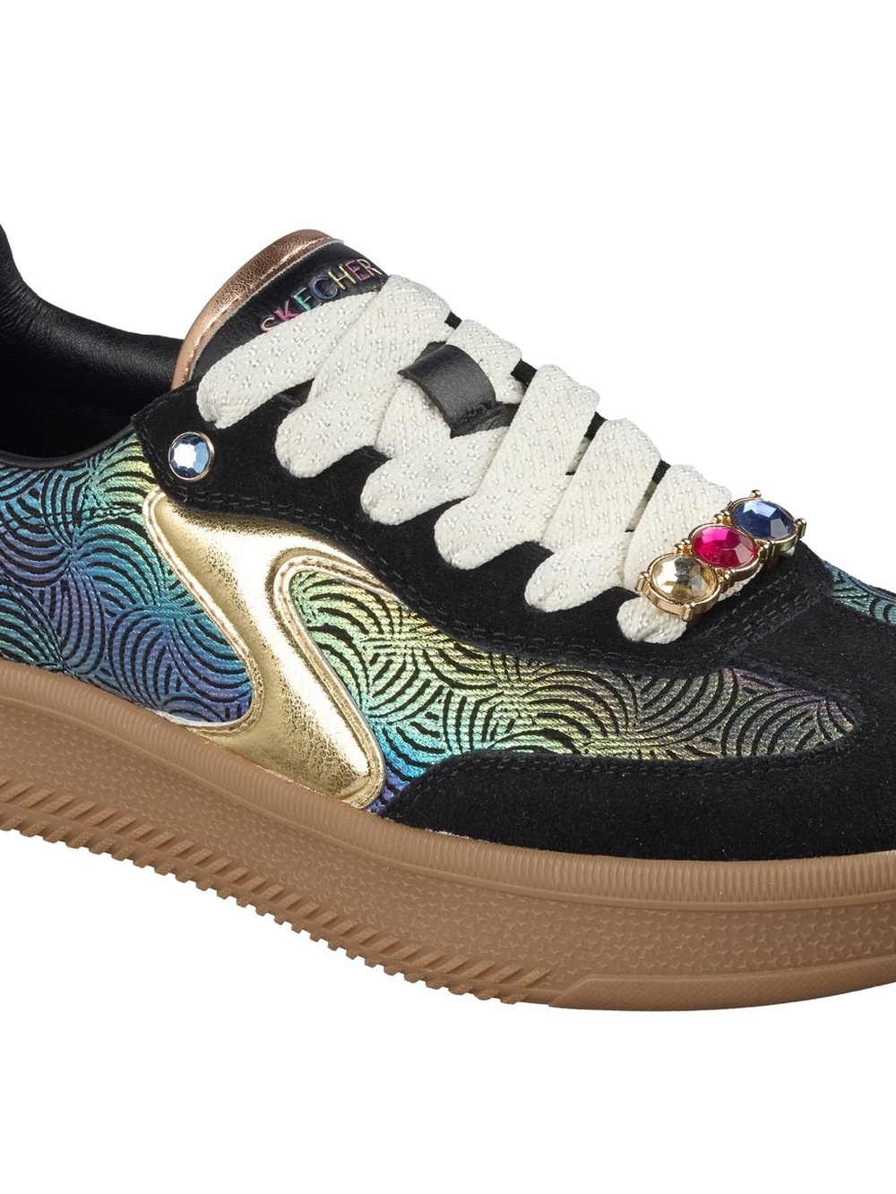 Skechers Women's Black Iridescent Gold Accent Sneaker with Jewel Detail